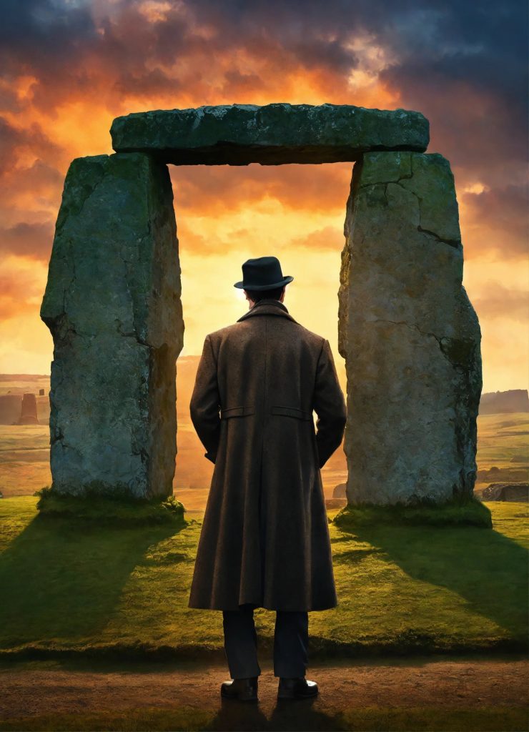 Sherlock Holmes in front of Stonehenge at sunset