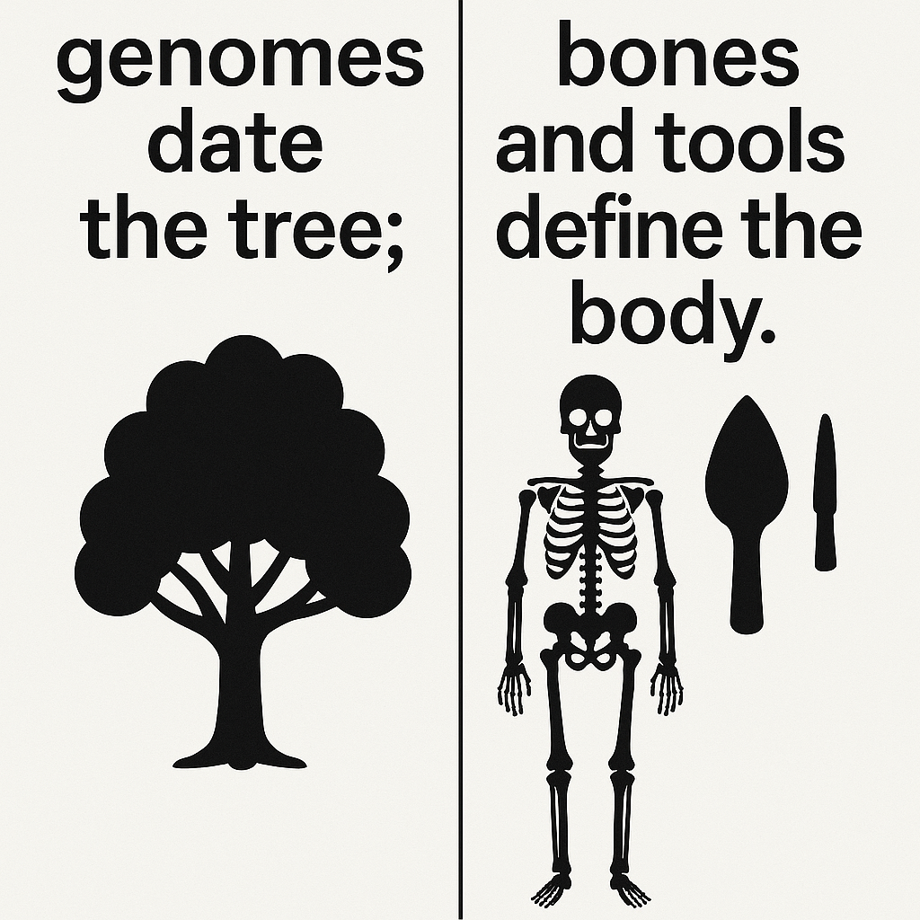 genomes date the tree; bones and tools define the body.